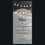 Menu Moderne Rustique Noir Bois Lumière Arc Mariage<br><div class="desc">Une belle fusion de bois rustique combiné à l'or chic moderne, lumières élégantes et arche. Un design unique qui utilise les tons noir et blanc avec une touche d'or élégant. Un design de grange de campagne rencontre le glamour de la ville. Conception de menu mariage rustique avec des éléments modernes....</div>