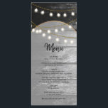 Menu Moderne Rustique Noir Bois Lumière Arc Mariage<br><div class="desc">Une belle fusion de bois rustique combiné à l'or chic moderne, lumières élégantes et arche. Un design unique qui utilise les tons noir et blanc avec une touche d'or élégant. Un design de grange de campagne rencontre le glamour de la ville. Conception de menu mariage rustique avec des éléments modernes....</div>