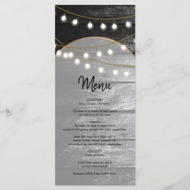 Menu Moderne Rustique Noir Bois Lumière Arc Mariage (Devant)