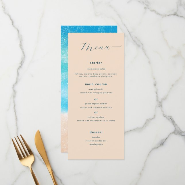 Menu Moderne simple aquarelle Sandy Beach Mariage (Devant/Arrière en situation)