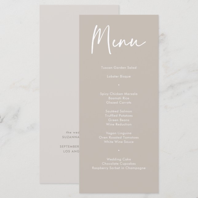 Menu Moderne Taupe Beige Calligraphie Mariage Dîner Men (Devant / Derrière)