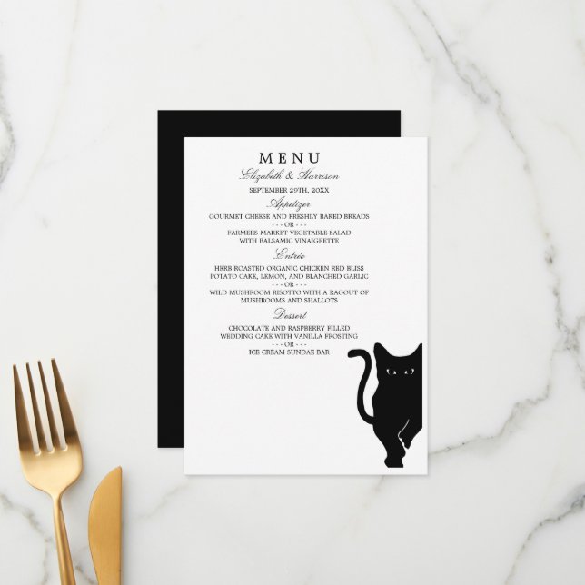 Menu moderne Whimsical Black Cat Mariage (Devant/Arrière en situation)
