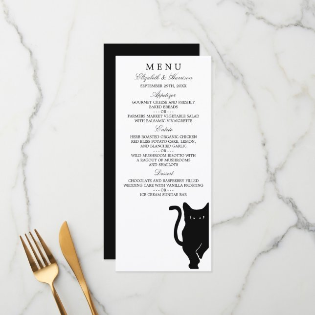 Menu moderne Whimsical Black Cat Mariage (Devant/Arrière en situation)