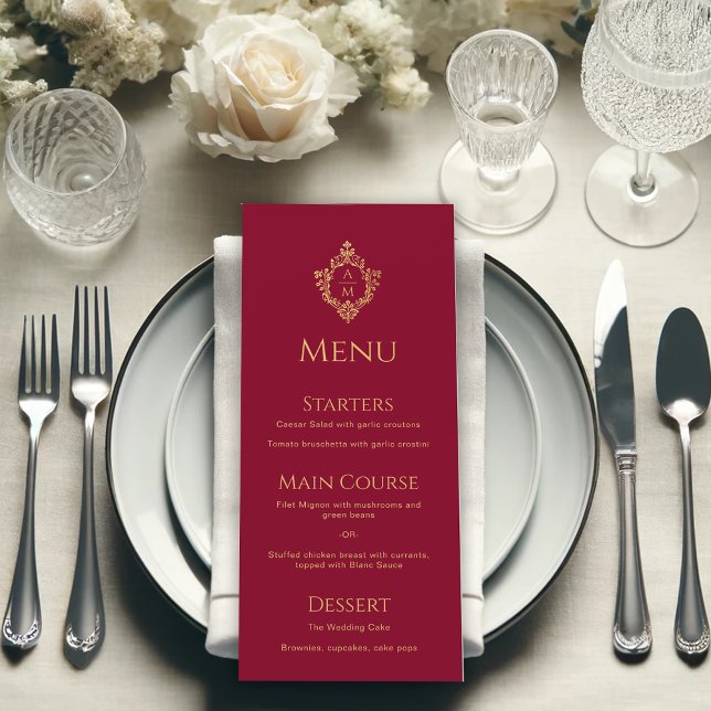Menu Monogram Bourgogne Faux Gold Crest Vintage Wedding (Créateur téléchargé)
