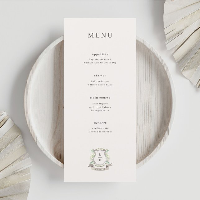 Menu Monogramme Aquarelle Floral Crest Mariage (Créateur téléchargé)