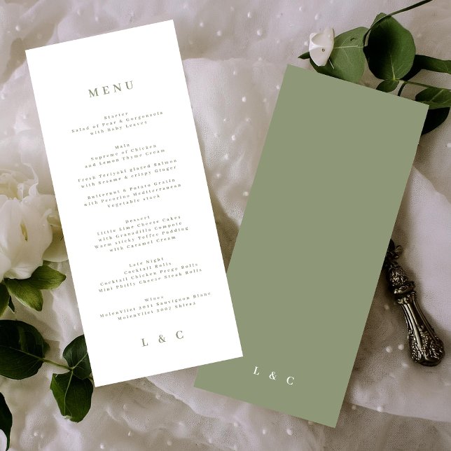 Menu Monogramme blanc vert Élégant Sage Simple (Créateur téléchargé)