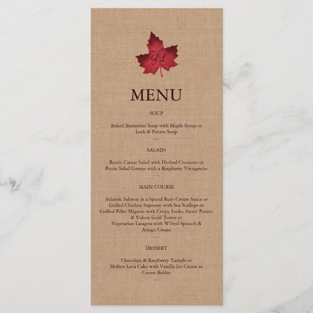 Menu Monogramme Burlap Rouge (Devant)
