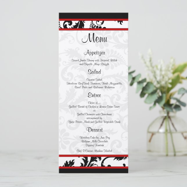 Menu Monogramme Damassé Rouge Noir Blanc (Debout devant)