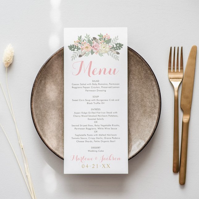 Menu Monogramme de mariage bohème floral rose et or (Créateur téléchargé)