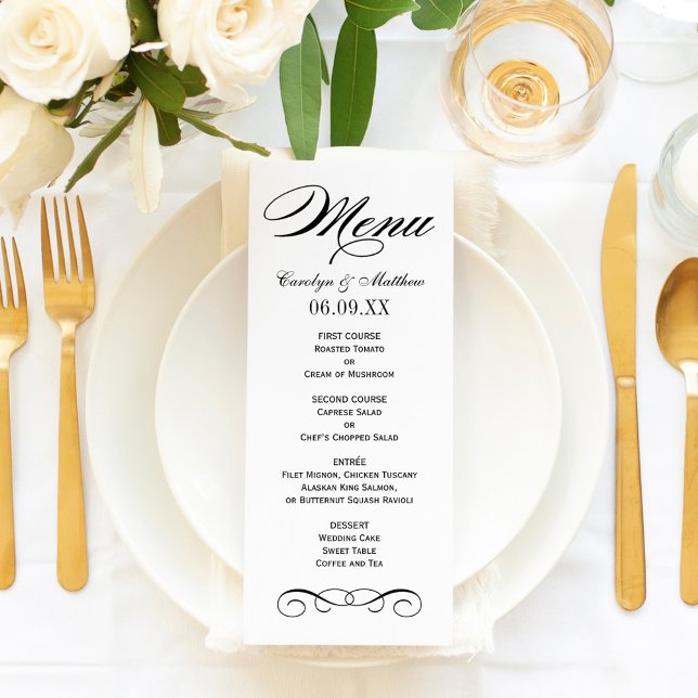 Menu Monogramme de mariage élégant à scroll noir et bla (Créateur téléchargé)