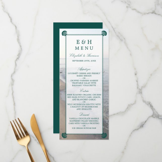 Menu Monogramme élégant et mariage Turquoise sur la pla (Devant/Arrière en situation)