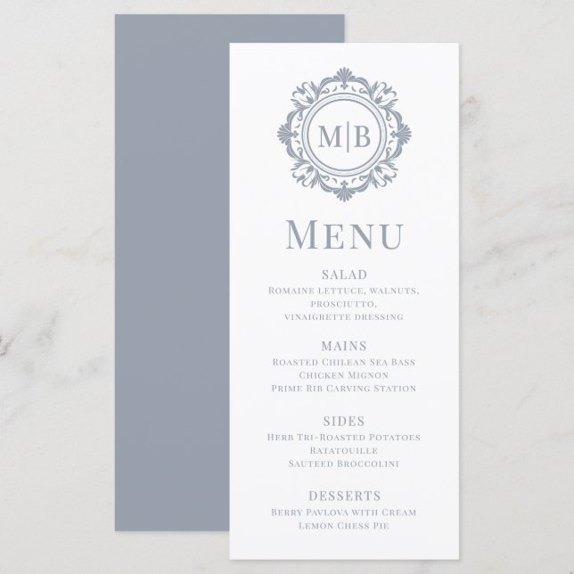 Menu Monogramme Floral Orné Mariage Élégant Argent (Devant / Derrière)