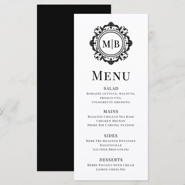 Menu Monogramme Floral Orné Mariage Élégant noir blanc (Devant / Derrière)