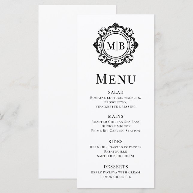 Menu Monogramme Floral Orné Mariage Élégant noir blanc (Devant / Derrière)