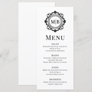 Menu Monogramme Floral Orné Mariage Élégant noir blanc