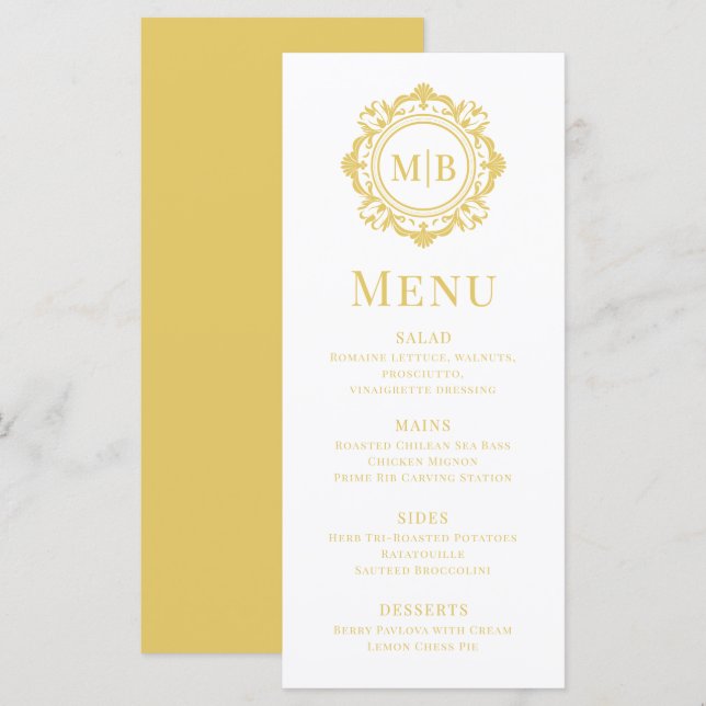 Menu Monogramme floral orné Mariage or élégant (Devant / Derrière)