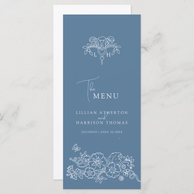 Menu Monogramme gris bleu blanc fleur de lis mariage (Devant / Derrière)