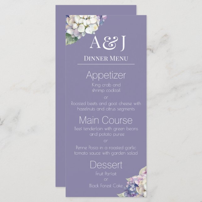 Menu Monogramme Hydrangée violet et blanche sur Lavande (Devant / Derrière)