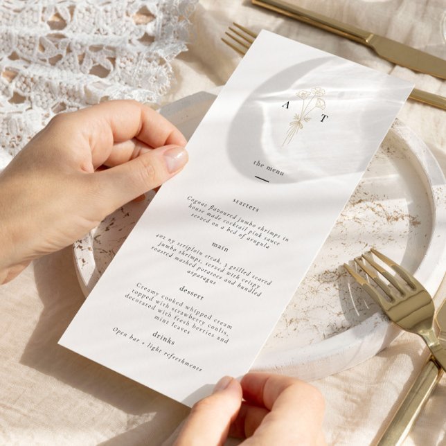 Menu Monogramme minimaliste Mariage botanique (Stunning & sleek white, black and gold wedding menu - customize the colors and text!)