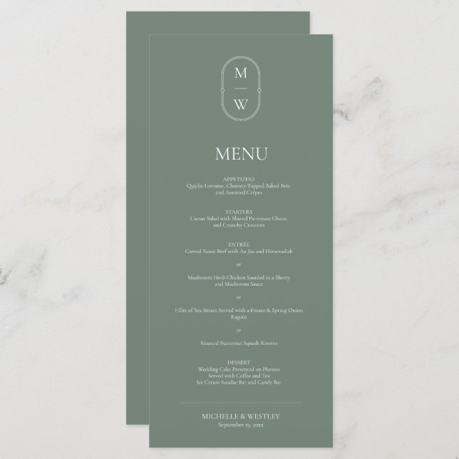 Menu Monogramme minimaliste Mariage vert (Devant / Derrière)