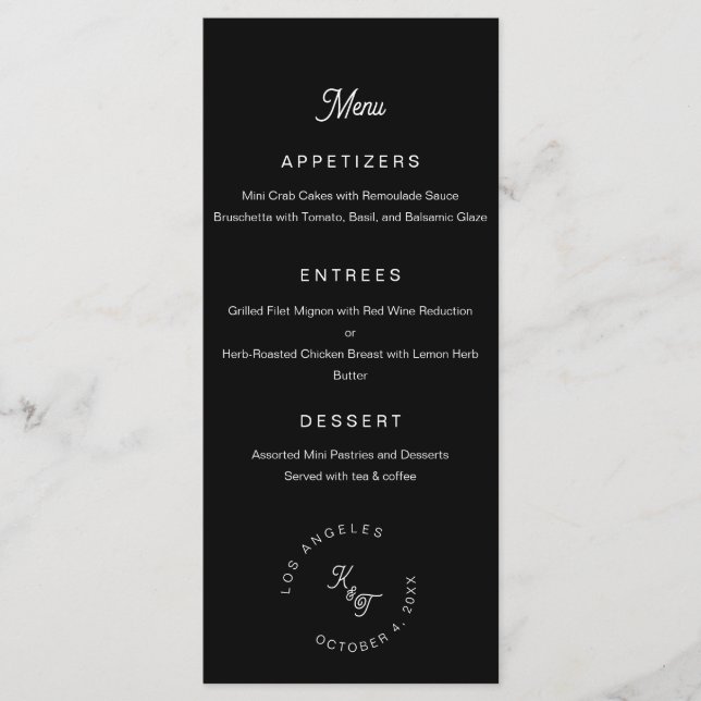 Menu monogramme noir et blanc Personnaliser le Mariage (Devant)