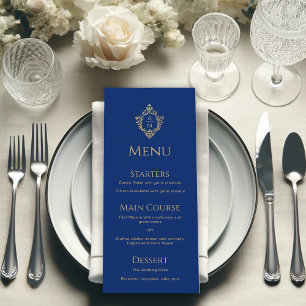 Menu Monogramme Royal Blue Faux Gold Foil Crest Mariage