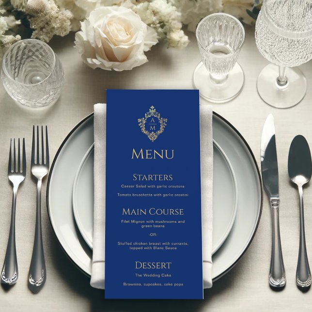 Menu Monogramme Royal Blue Faux Gold Foil Crest Mariage (Créateur téléchargé)