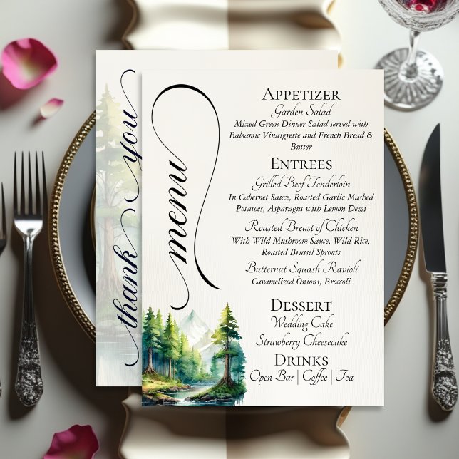 Menu Montagnes à l'aquarelle, Monogramme et Merci (Créateur téléchargé)