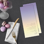 Menu Mood Gradient Mariage Indigo Sunset ID741<br><div class="desc">L'arrière - plan des pièces de cet ensemble mariage minimaliste est un dégradé de couleurs saisissant de l'indigo à la pêche et au jaune pâle. La carte de menu mariage présentée ici présente un design élégant et moderne et une police sans serif contemporaine pour ajouter à son attrait. Ajoutez facilement...</div>
