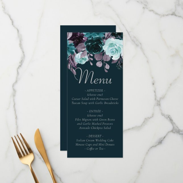 Menu Moody Boho | Garland floral Turquoise profond et v (Devant/Arrière en situation)