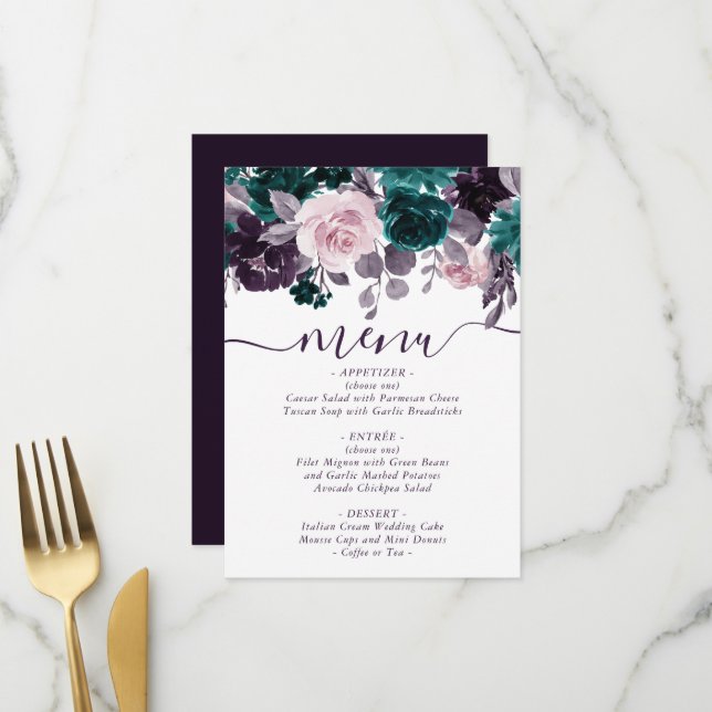 Menu Moody Boho | Mariage floral pourpre de prune d'aub (Devant/Arrière en situation)