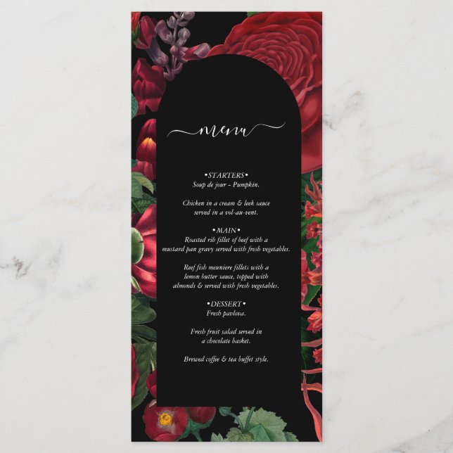 Menu Moody Florals Arc Noir Bourgogne Rouge Mariage (Devant)