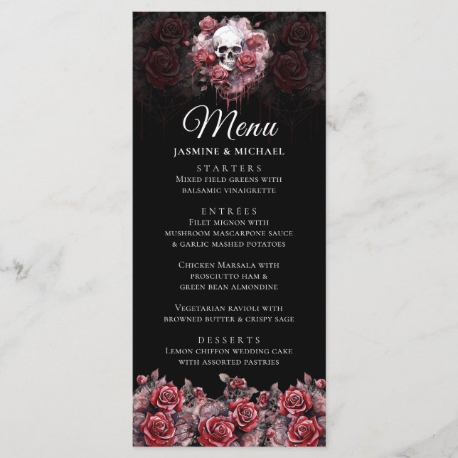 Menu Moody Rouge Floral Crâne Élégant Mariage gothique  (Devant)