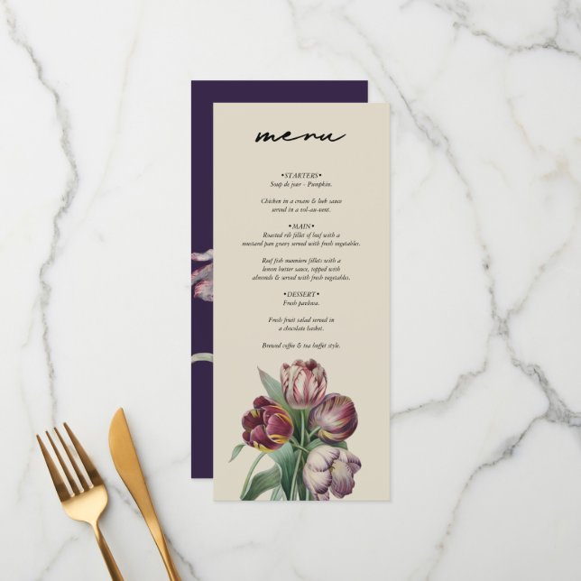 Menu Moody Watercolor Purple Tulips Mariage (Devant/Arrière en situation)