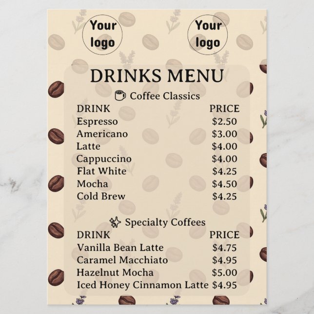 Menu Motif sans couture de haricots de café et de lavan (Devant)