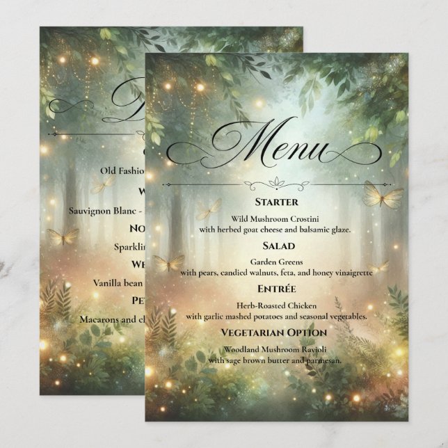 Menu Mystic Forest Meadow Magic Wedding Table  (Devant / Derrière)