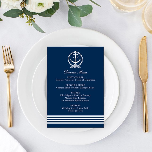 Menu Nautical Navy Ancre Mariage Monogram Dîner (Créateur téléchargé)