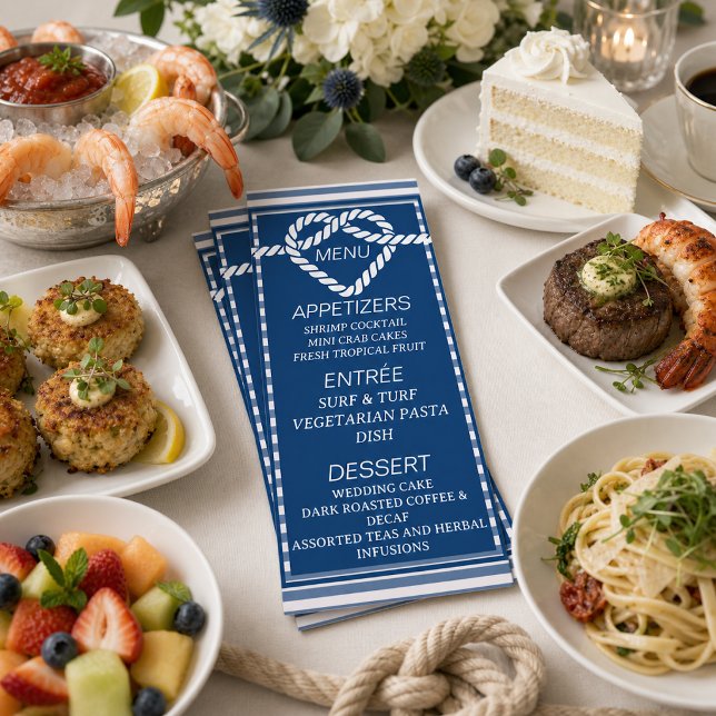 Menu Nautical Navy Blue Tying Knot Stripes Mariage  (Créateur téléchargé)