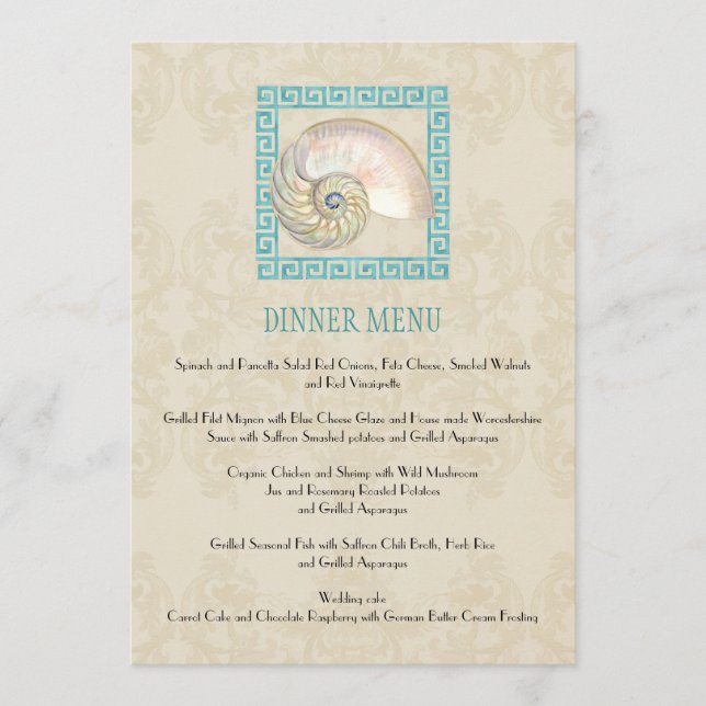 Menu Nautilus Shell aquarelle grecque clé Damask plage (Devant)