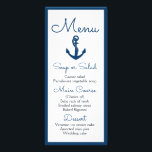 Menu nautique Ancre bleue Marine Mariage Océan<br><div class="desc">Ajoutez un peu de plaisir à vos tables avec cette charmante carte mariage d'ancre bleue marine / menu de fête. Les cartes du menu Ancre sont parfaites pour * plage, été, océan, mariages nautiques, dîners de répétition, douches nuptiales * événements d'affaires * fêtes * levées de fonds & organismes de...</div>