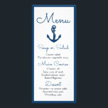 Menu nautique Ancre bleue Marine Mariage Océan<br><div class="desc">Ajoutez un peu de plaisir à vos tables avec cette charmante carte mariage d'ancre bleue marine / menu de fête. Les cartes du menu Ancre sont parfaites pour * plage, été, océan, mariages nautiques, dîners de répétition, douches nuptiales * événements d'affaires * fêtes * levées de fonds & organismes de...</div>