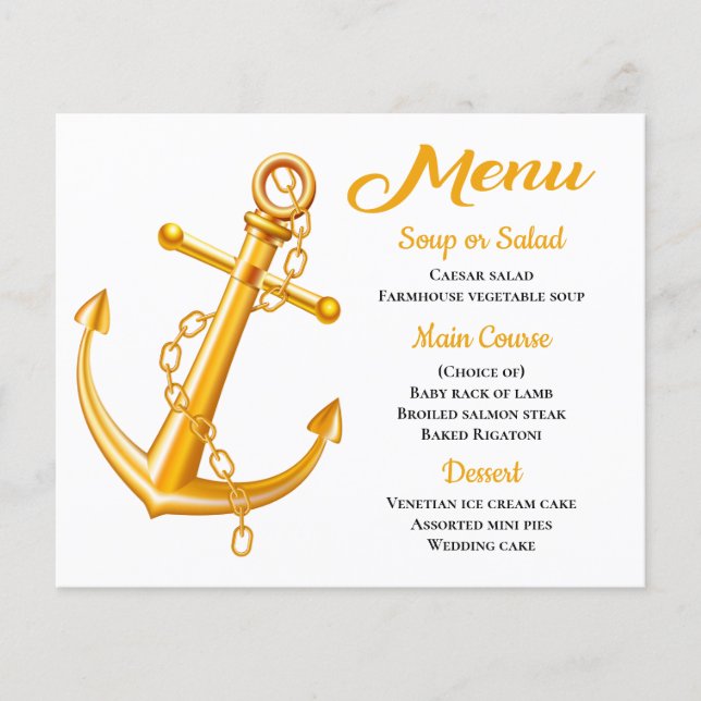 Menu nautique Ancre Gold Mariage Plage été (Devant)