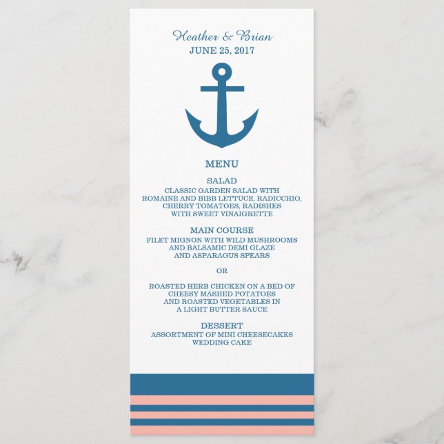 Menu nautique de corail bleu de mariage d'Ancre (Devant)