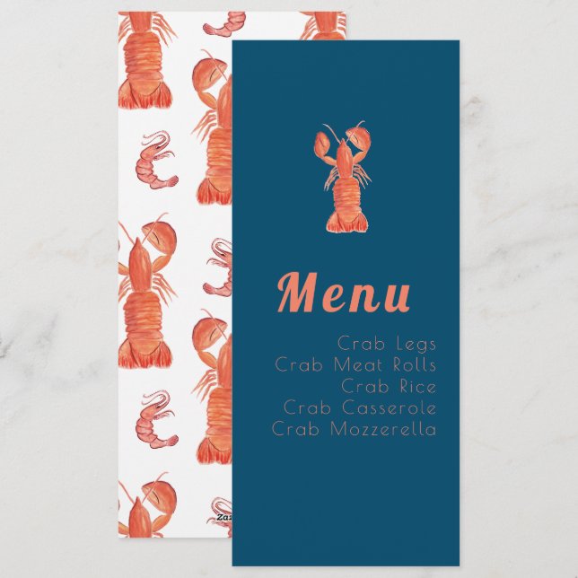Menu nautique homard écrevisse aquarelle (Devant / Derrière)