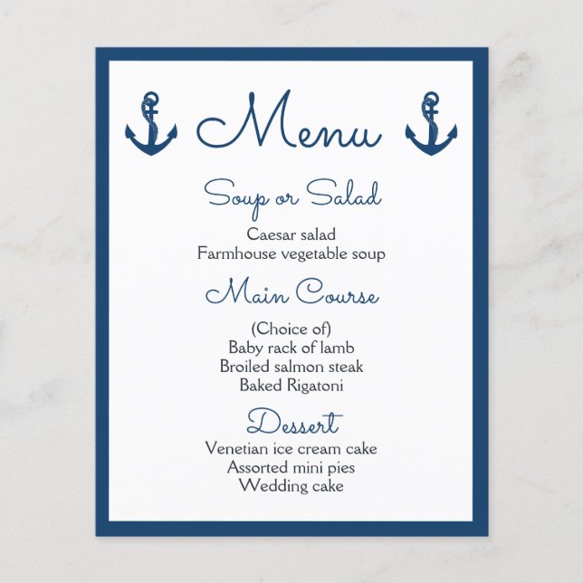 Menu nautique Marine Bleu Mariage Ocean Beach Sail (Devant)