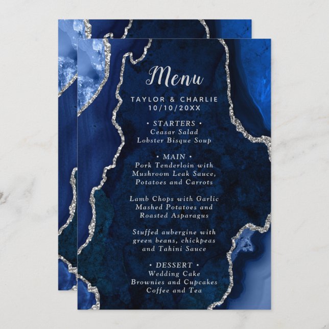 Menu Navy Blue and Silver Agate Marble Wedding (Devant / Derrière)