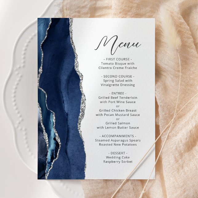 Menu Navy Blue Argent Agate Moderne Écriture Mariage (Créateur téléchargé)