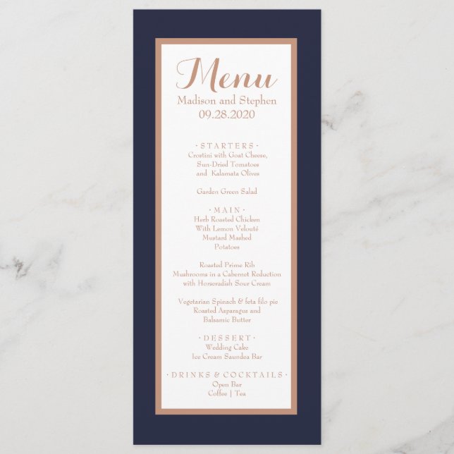 Menu Navy Blue élégant, blanc et or rose faux mariage (Devant)