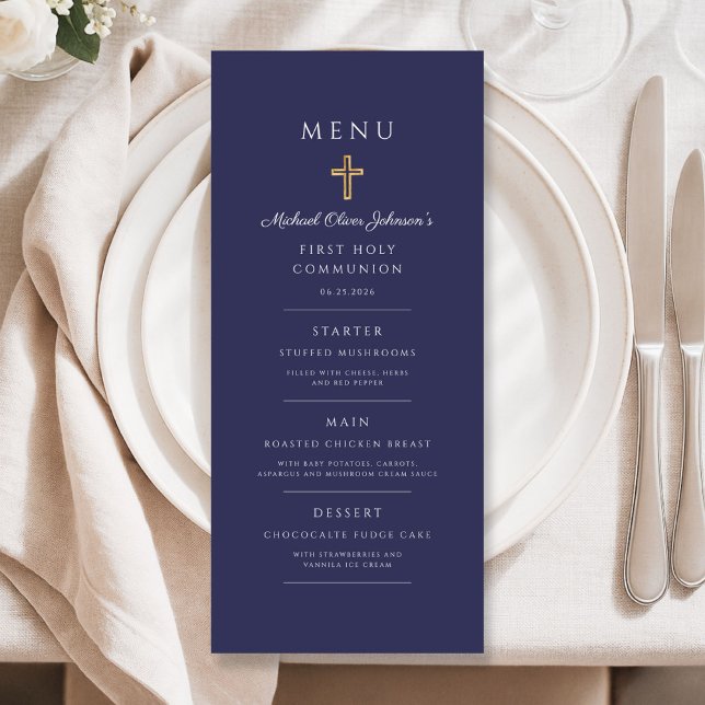 Menu Navy Blue Religious Cross Boy First Communion (Navy Blue Religious Cross Boy First Communion Menu)