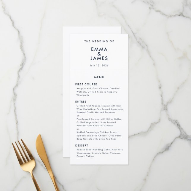 Menu Navy Minimaliste Ampersand Mariage | Élégant (Devant/Arrière en situation)